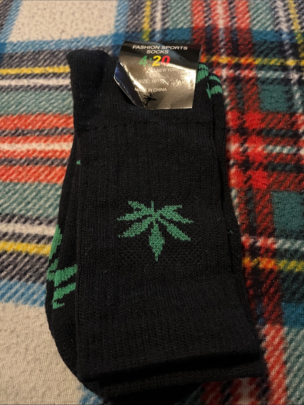Black Crew Socks with Green Leaf Motif